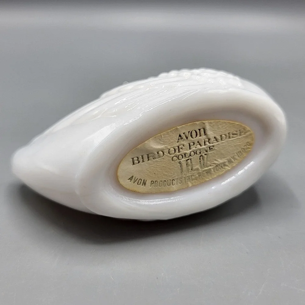 Vintage EMPTY Avon Bird of Paradise Cologne Bottle White Milk Glass Swan Crown